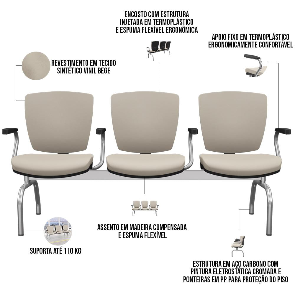 Cadeira Longarina 3 Lugares Aeroporto Recepção Cromado Baixa Flexi P03 Vinil Bege - Lyam