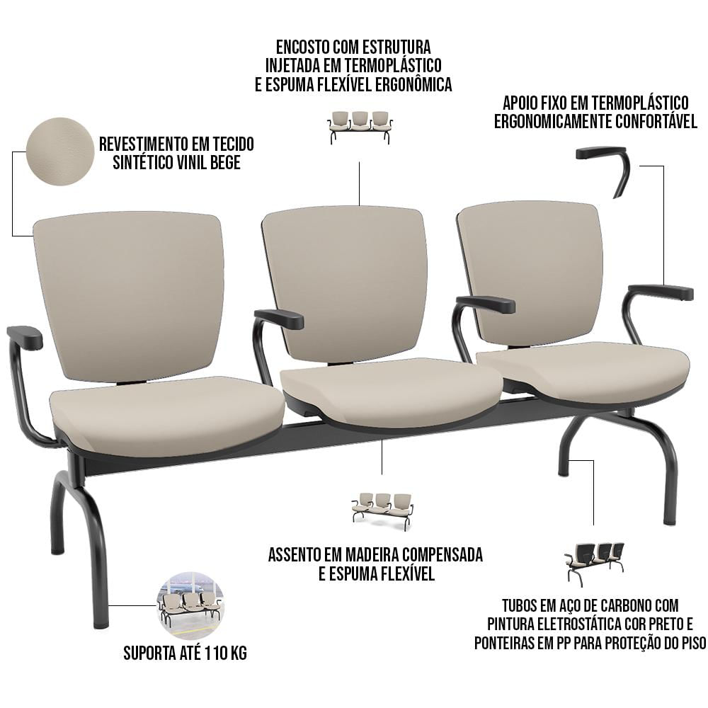 Cadeira Longarina 3 Lugares Aeroporto Recepção Preto Baixa Flexi P03 Vinil Bege - Lyam