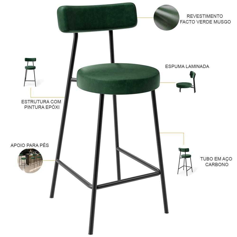 Kit 02 Banquetas Baixa Para Cozinha Sala De Jantar Bancada Milão L02 Facto Verde Musgo - Lyam Decor