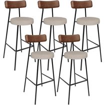 Kit 05 Banquetas Alta Cozinha Bar Sala Jantar Milão L02 Couríssimo Marrom Linho Bege - Lyam Decor