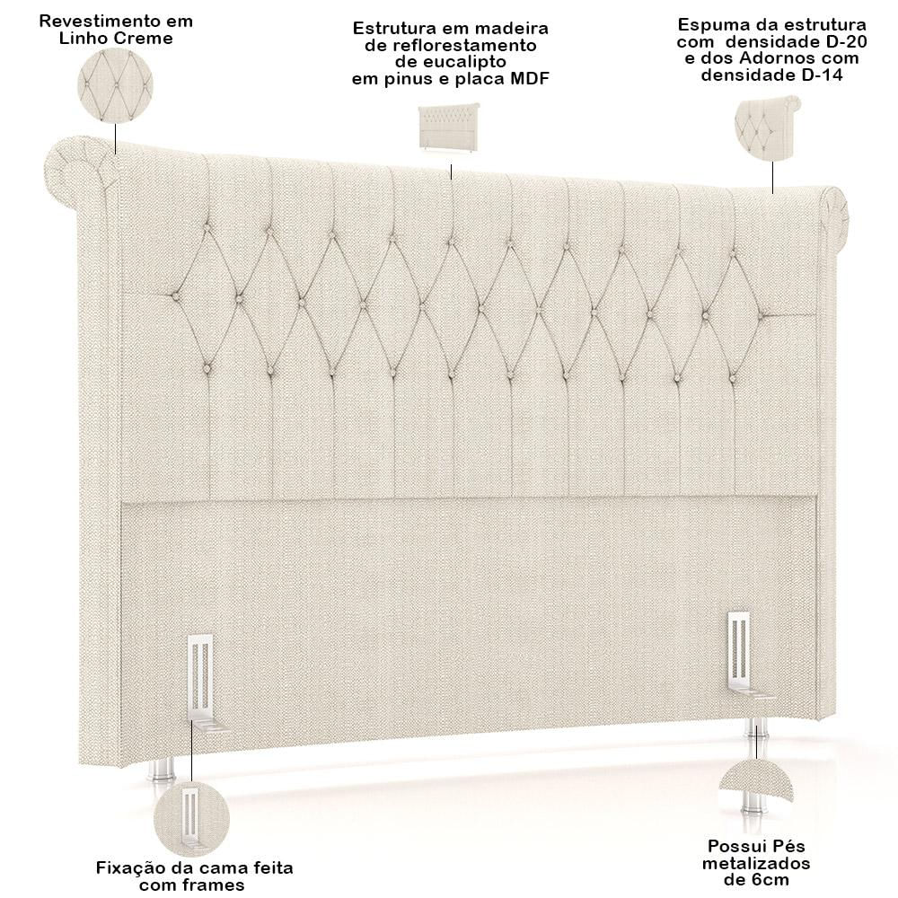 Cabeceira Cama Box Casal 140cm Estofada Meora P05 Linho Creme - Lyam Decor