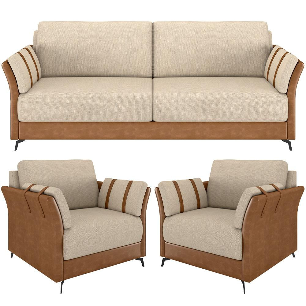 Kit Sofá 3 Lugares 223cm Com 02 Poltronas Álamo M03 Couríssimo Whisky Linho Bege - Lyam Decor