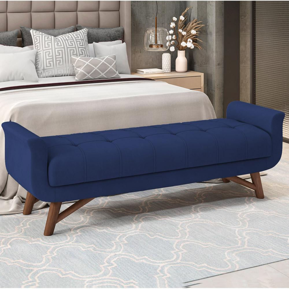 Puff Recamier Decorativo com Pés em Madeira 195 cm Itália P05 Veludo Azul Marinho - Lyam