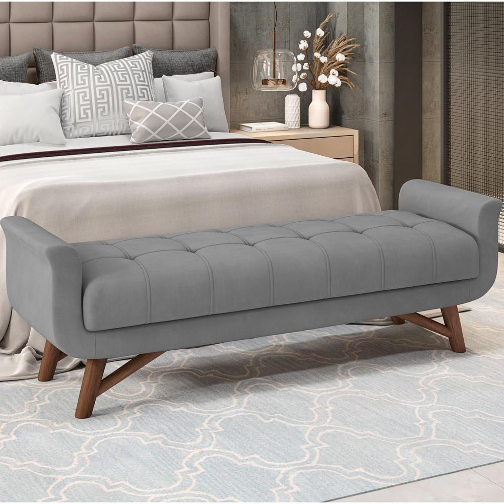 Puff Recamier Decorativo com Pés em Madeira 140 cm Itália P05 Veludo Cinza - Lyam