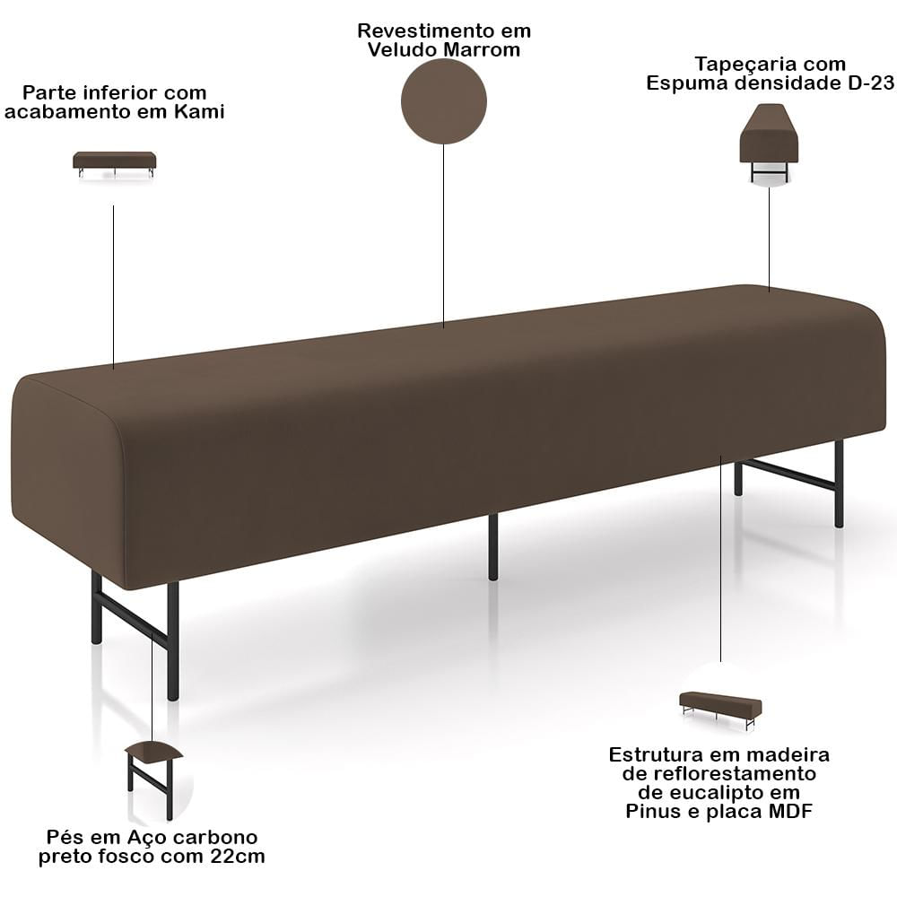 Puff Recamier Decorativo com Pés Industrial 160cm Novara P05 Veludo Marrom - Lyam Decor