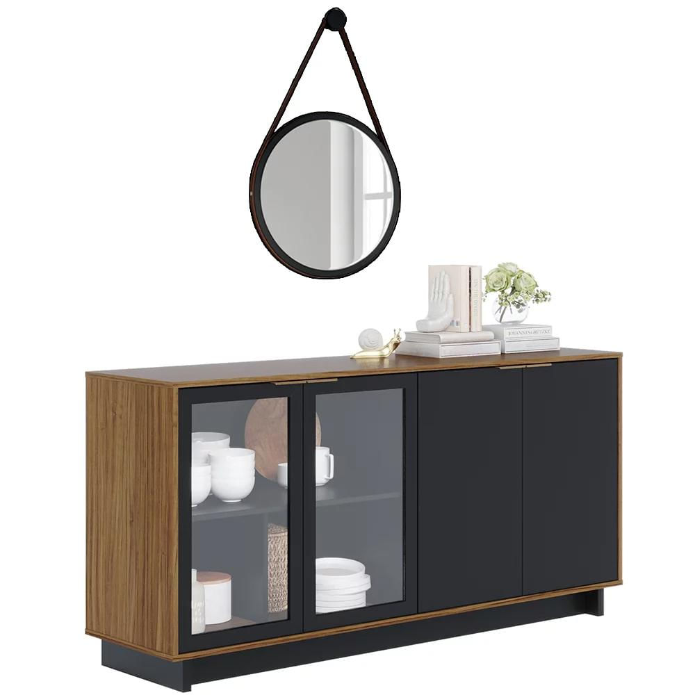 Balcão Aparador Buffet Vicky Com Espelho Adnet 67cm C05 Noce Milano/Preto - Mpozenato