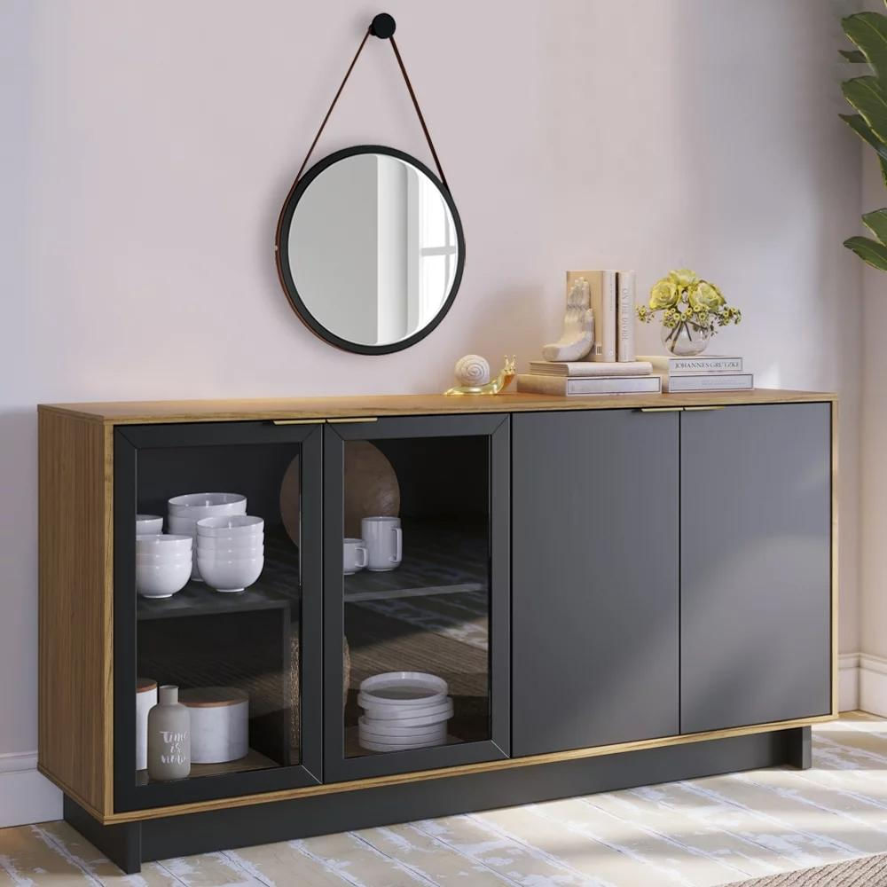 Balcão Aparador Buffet Vicky Com Espelho Adnet 67cm C05 Noce Milano/Preto - Mpozenato