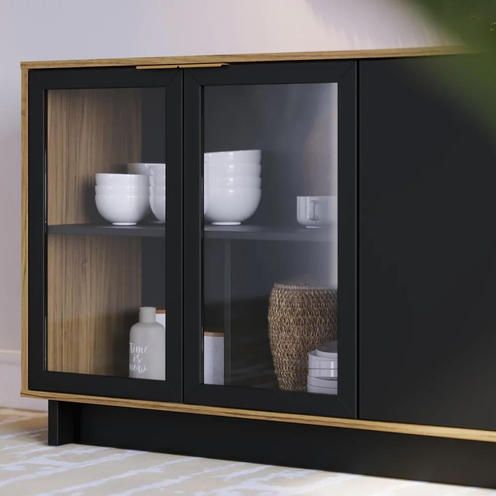 Balcão Aparador Buffet Vicky Com Espelho Adnet 67cm C05 Noce Milano/Preto - Mpozenato