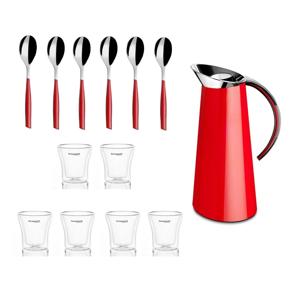 KIT BUGATTI GARRAFA TÉRMICA 1L 6 COLHERES MOKA CAFE GLAMOUR E 6 XÍCARAS COM PAREDE DUPLA 100ML