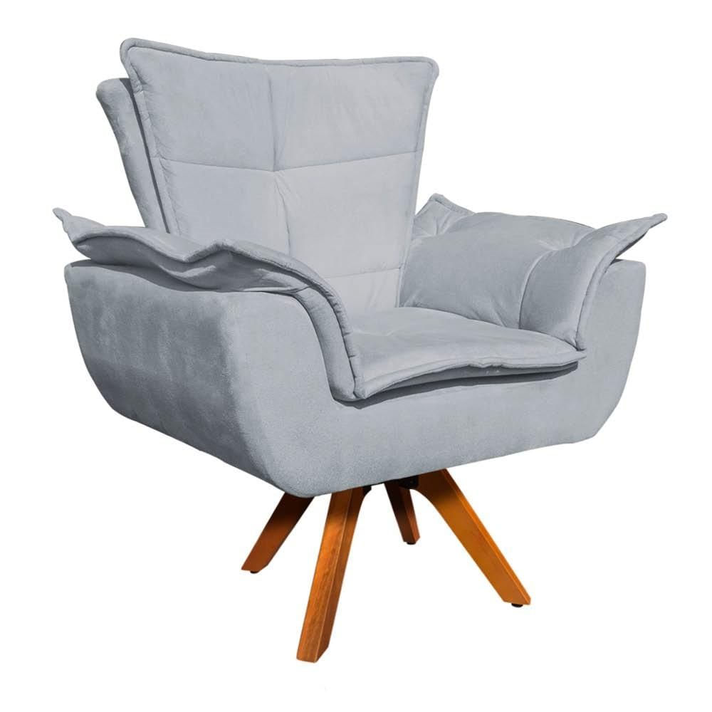 Poltrona Decorativa Sala de Estar Base Giratória Madeira Opla Suede Cinza - Ibiza