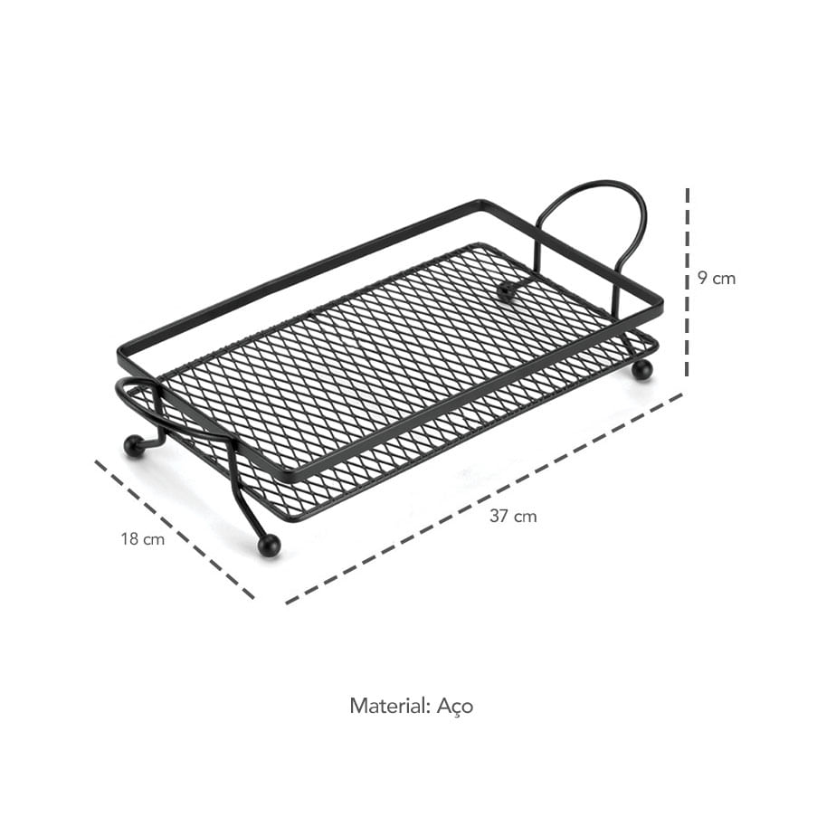 Bandeja Preta Suporte com Alças Aço para Servir Decorar 1un