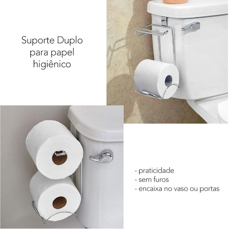 Porta Papel Higienico Duplo 2 Rolos Encaixe Sem Furo Aço