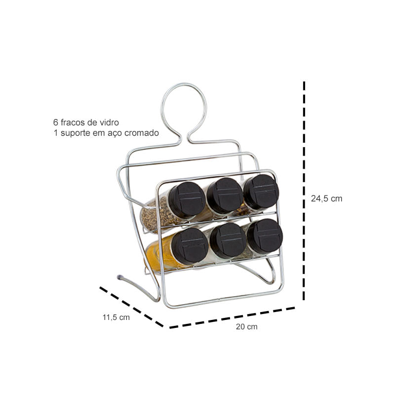 Porta Condimentos Tempero Saleiro 6 Frascos de Vidro Cromado