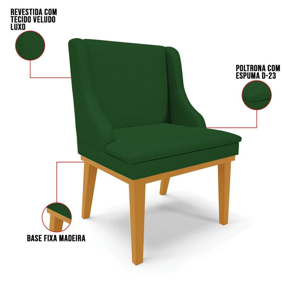 Kit 6 Cadeiras Estofadas para Sala de Jantar Base Fixa de Madeira Castanho Lia Veludo Verde - Ibiza