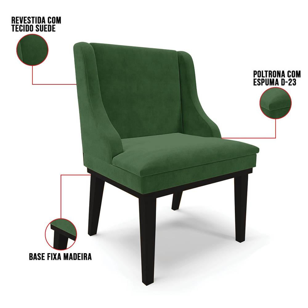 Kit 6 Cadeiras Estofadas para Sala de Jantar Base Fixa de Madeira Preto Lia Suede Verde - Ibiza