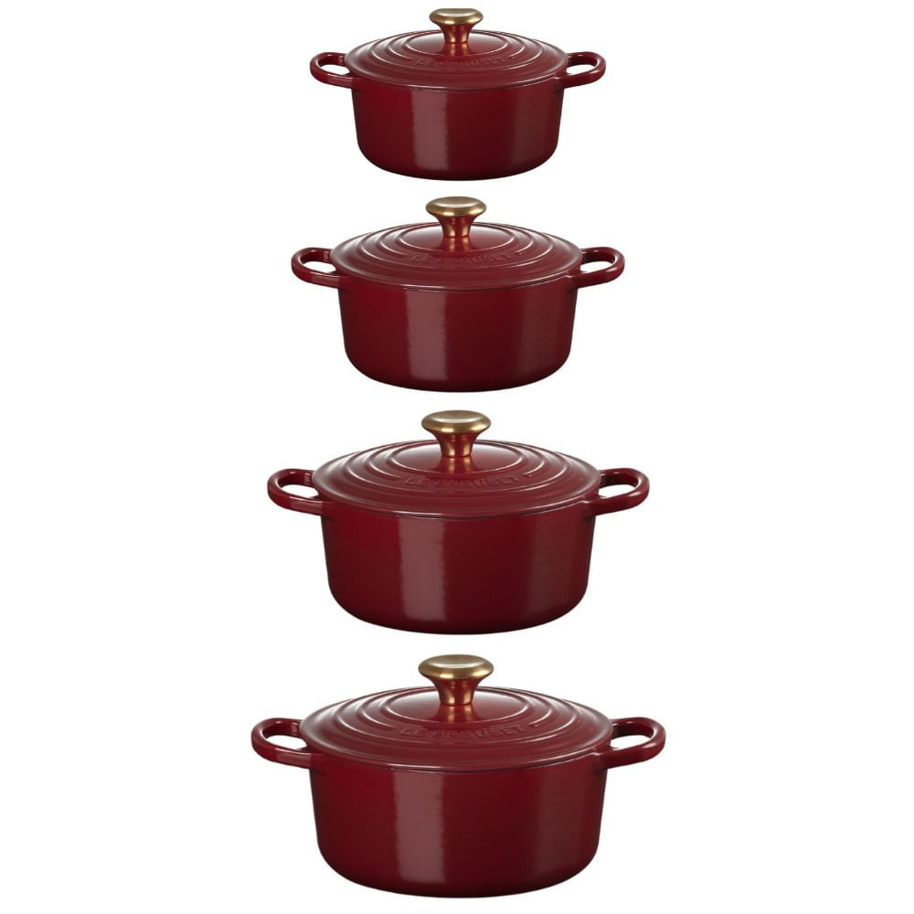 KIT LE CREUSET 4 PANELAS REDONDAS 20 22 24 E 26CM EM FERRO ESMALTADO VERMELHO RHONE