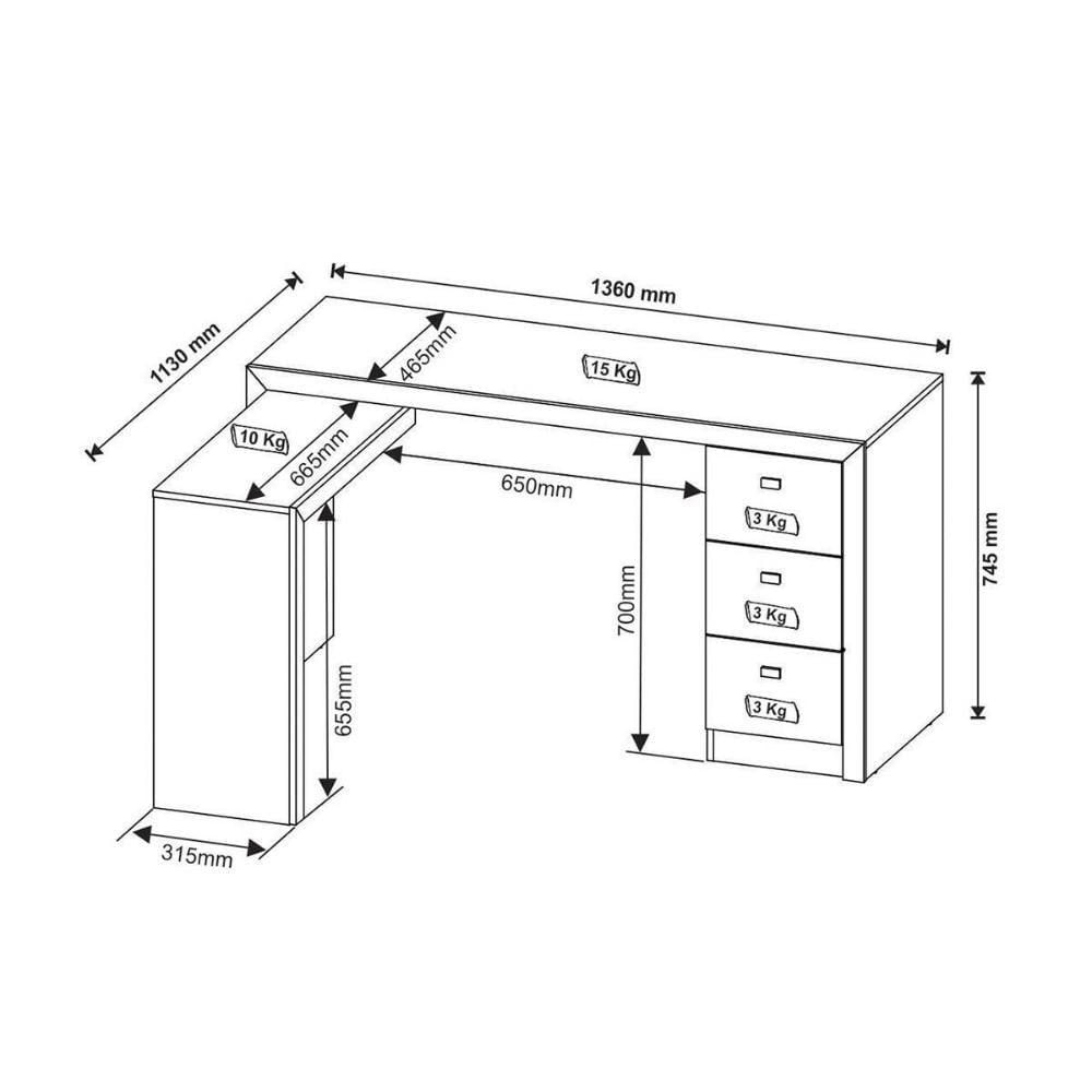 Mesa De Escritório Me4101 C/ 3 Gavetas Branco - Tecno Mobili