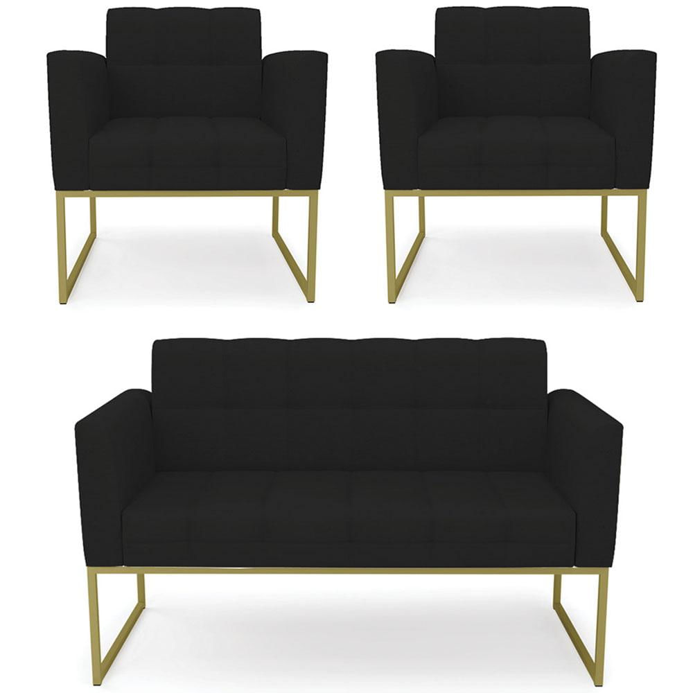 Sofá Namoradeira e 2 Poltronas Base Industrial Dourado Ana Linho Preto - Ibiza
