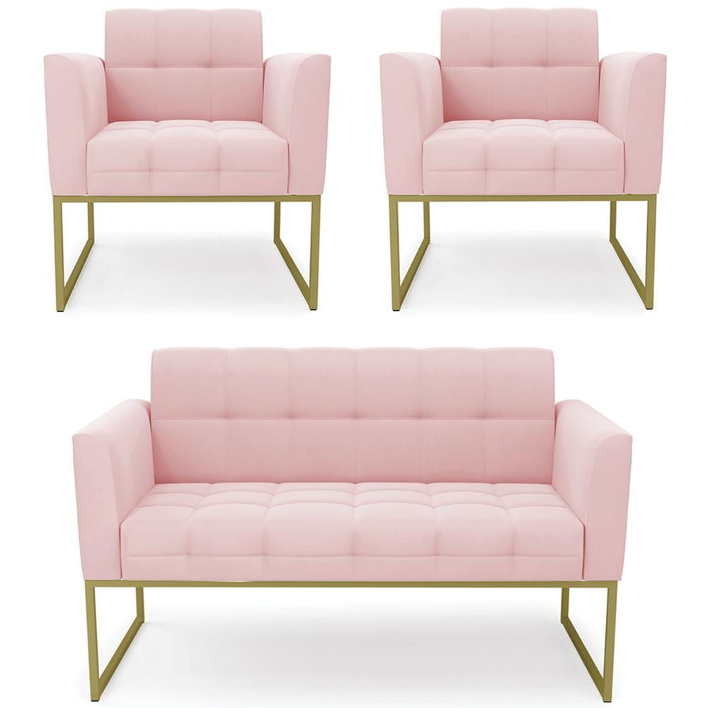 Sofá Namoradeira e 2 Poltronas Base Industrial Dourado Ana Suede Rosa Bebê - Ibiza