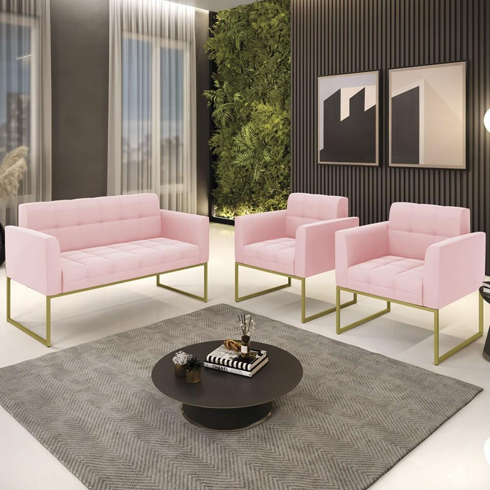 Sofá Namoradeira e 2 Poltronas Base Industrial Dourado Ana Suede Rosa Bebê - Ibiza