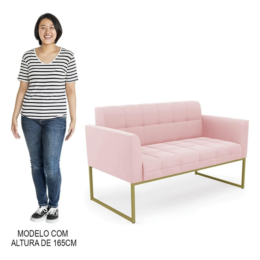 Sofá Namoradeira e 2 Poltronas Base Industrial Dourado Ana Suede Rosa Bebê - Ibiza