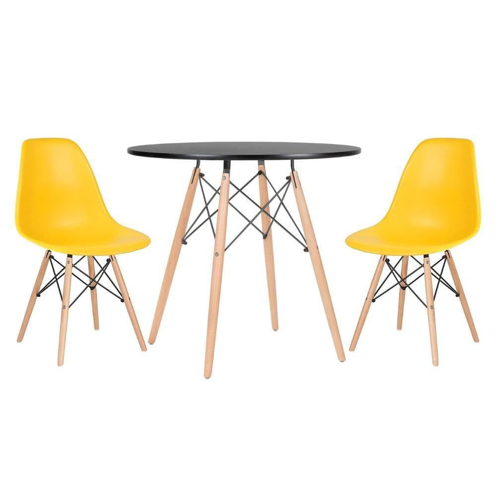 Mesa Redonda Eames 80 Cm Preto + 2 Cadeiras Eiffel Dsw Amarelo