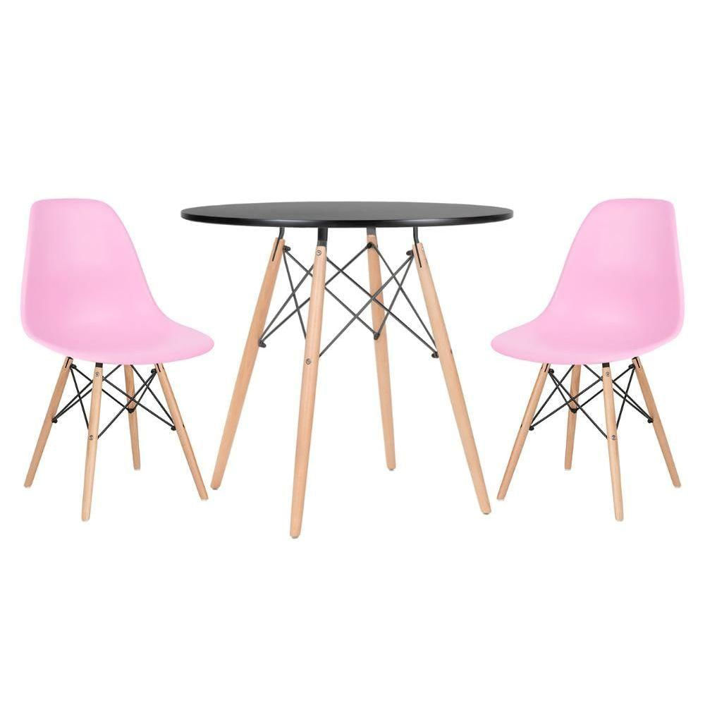 Mesa Eames 80 Cm Preto + 2 Cadeiras Eiffel Dsw Rosa Claro