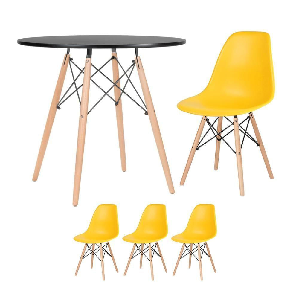 Mesa Redonda Eames 80 Cm Preto + 3 Cadeiras Eiffel Dsw Amarelo