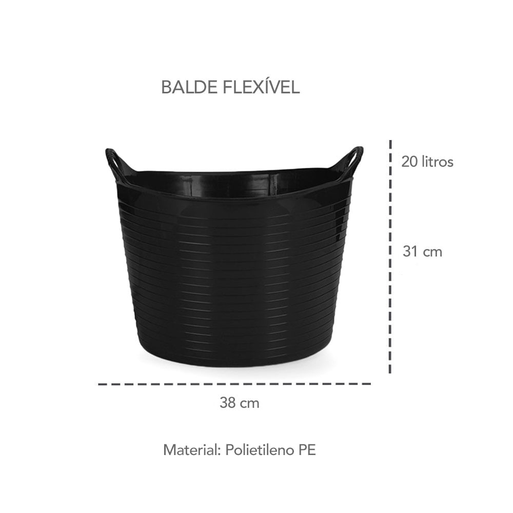 Balde Flexivel Cesto Multiuso Preto Roupa Brinquedos 20L