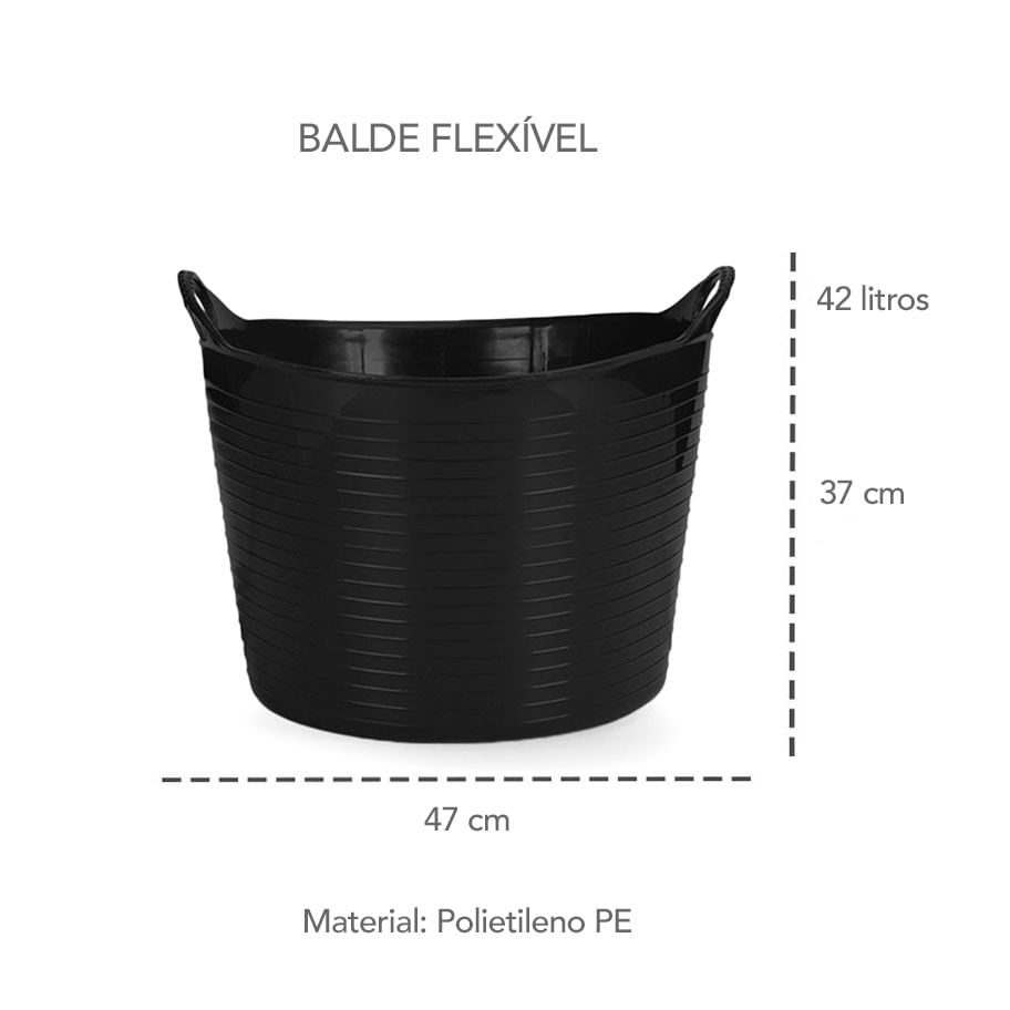 Balde Flexivel Cesto Multiuso Preto Roupa Brinquedos 42L