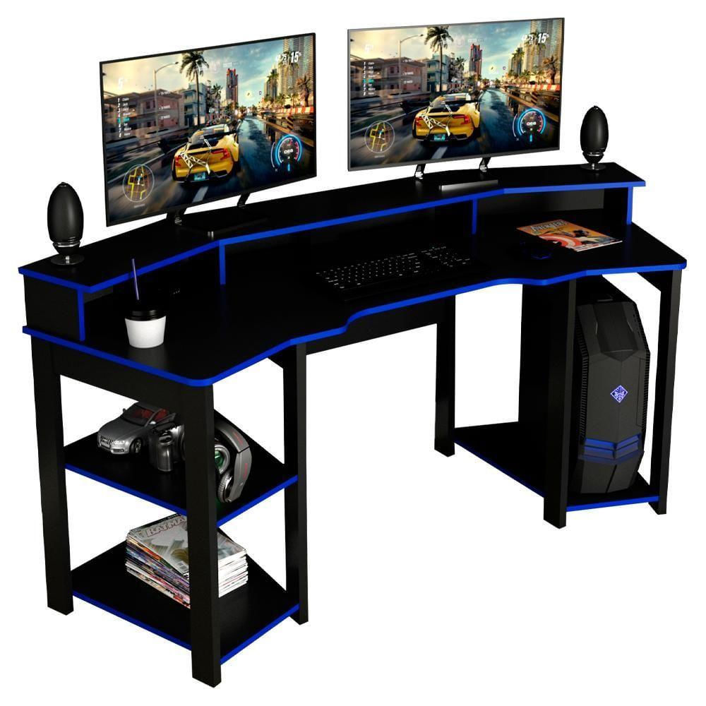 Mesa Gamer Cockpit 3 Prateleiras Me4167 Preto Azul