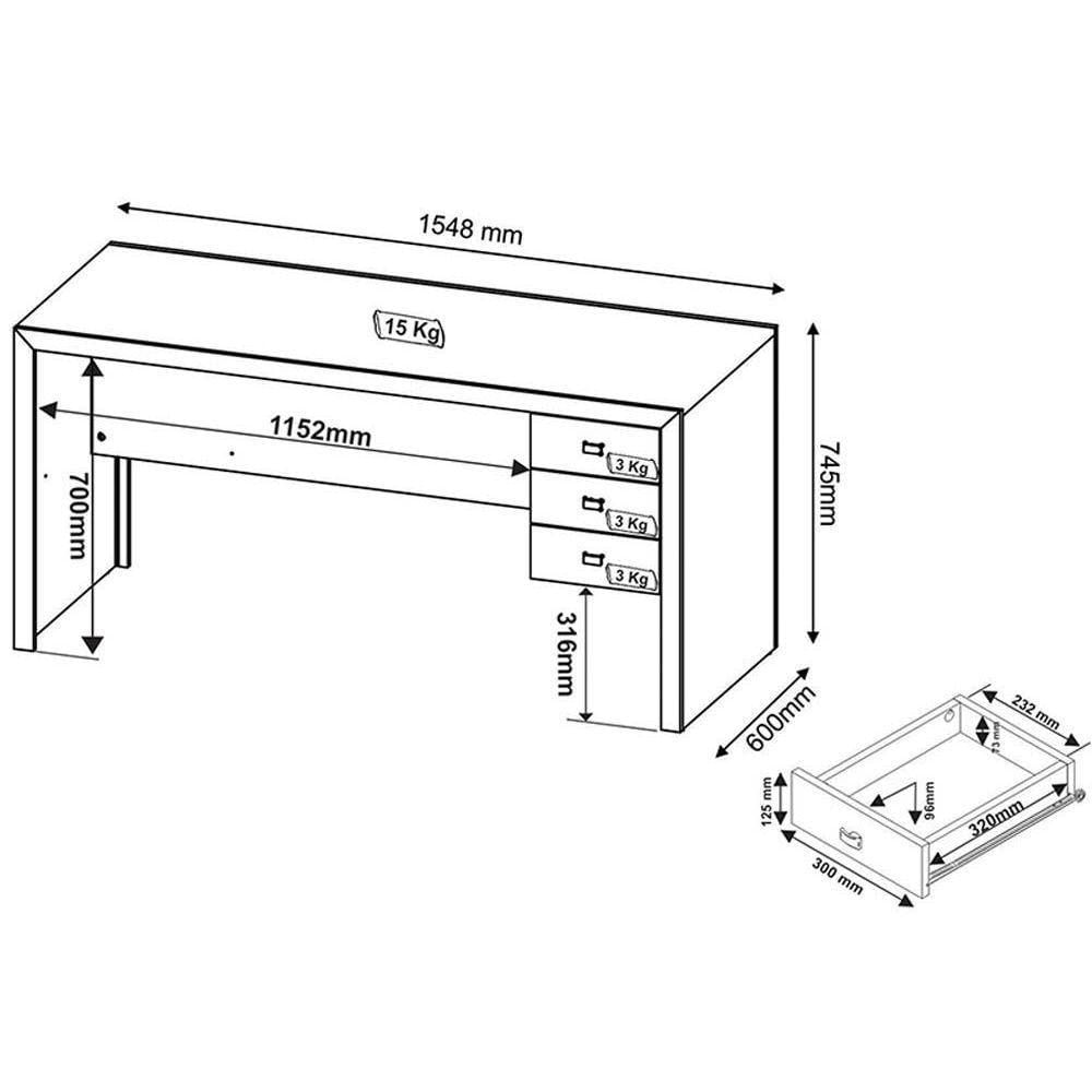 Mesa Escrivaninha Juvenil Me4113 C/ 3 Gavetas Rústico - Tecno Mobili