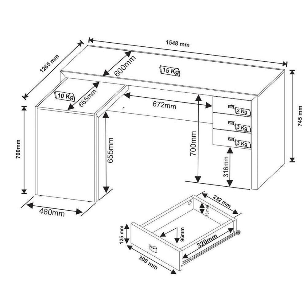 Mesa Canto P/escritório Me4106 C/ 3 Gavetas Branco - Tecno Mobili