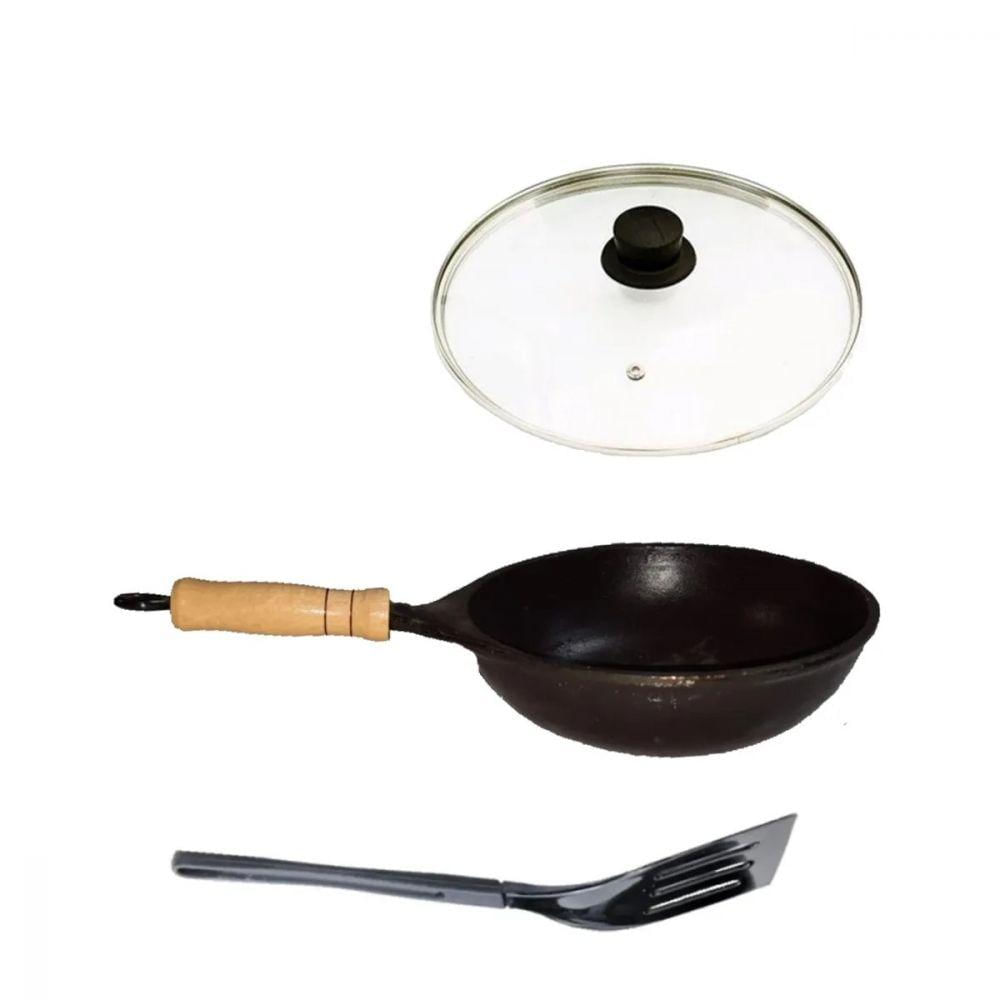 Frigideira Wok Antiaderente Cabo Tampa Vidro 20Cm E Espátula