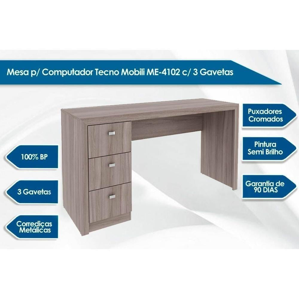 Mesa De Computador Me4102 C/ 3 Gavetas Rústico - Tecno Mobili