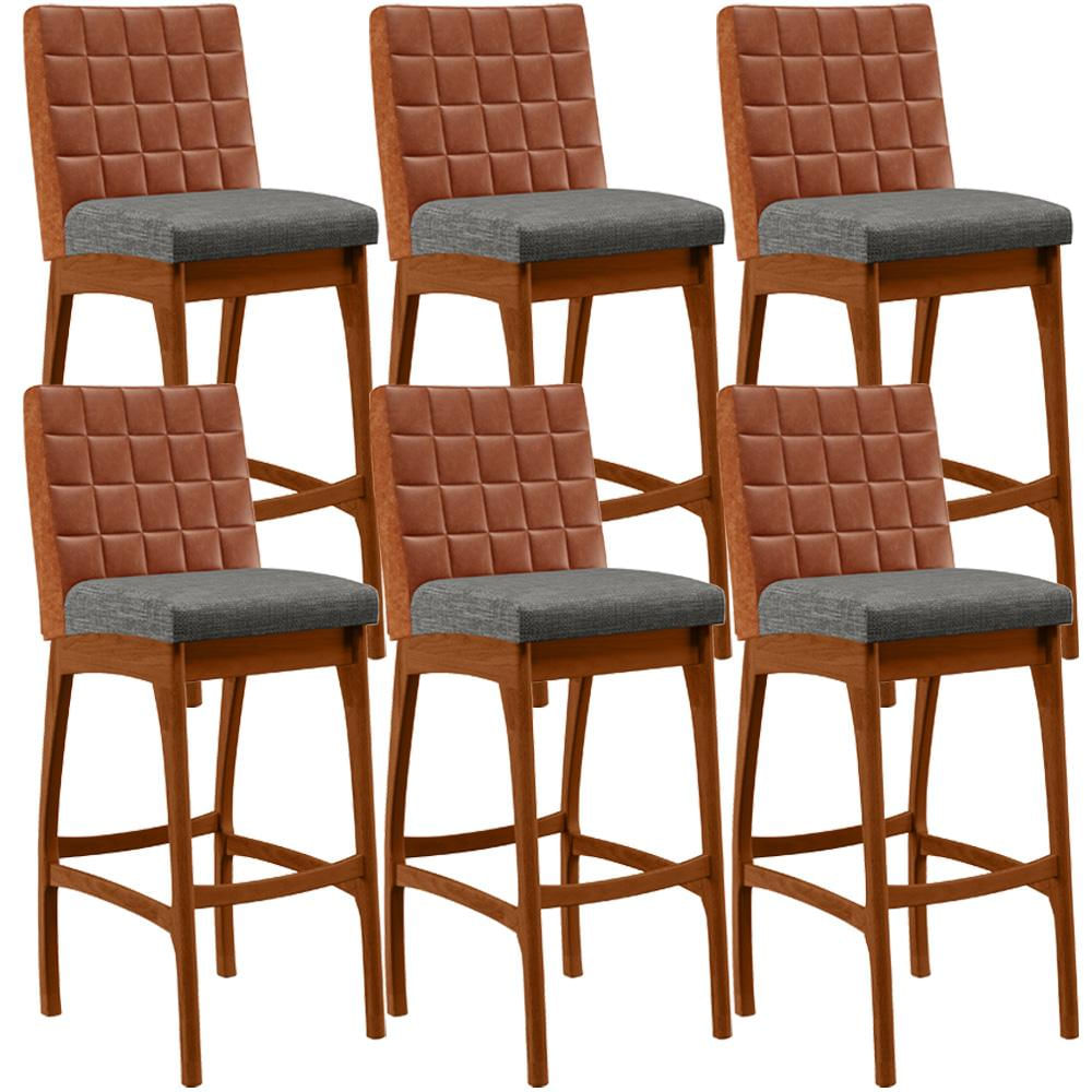 Kit 06 Banquetas Altas Sala De Jantar Fixa Mila B04 Couríssimo Camel Linho Cinza Escuro - Lyam Decor