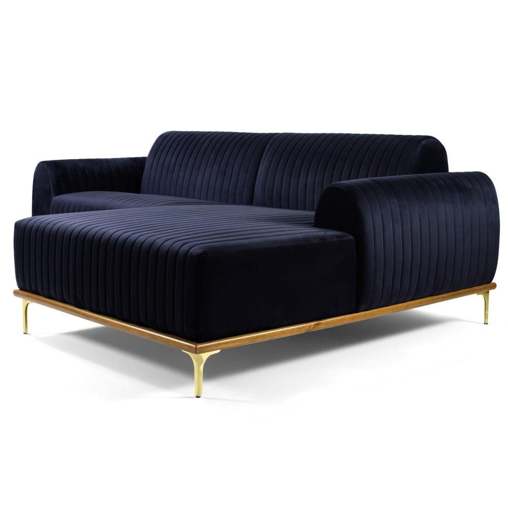 Sofá 245cm 4 Lugares com Chaise Direito Pés Gold Molino C-287 Veludo Marinho - Domi