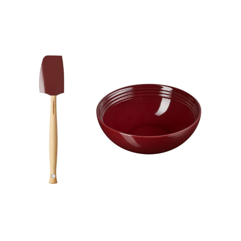 KIT LE CREUSET BOWL REDONDO 24CM E ESPÁTULA MÉDIA DE SILICONE VERMELHO RHONE