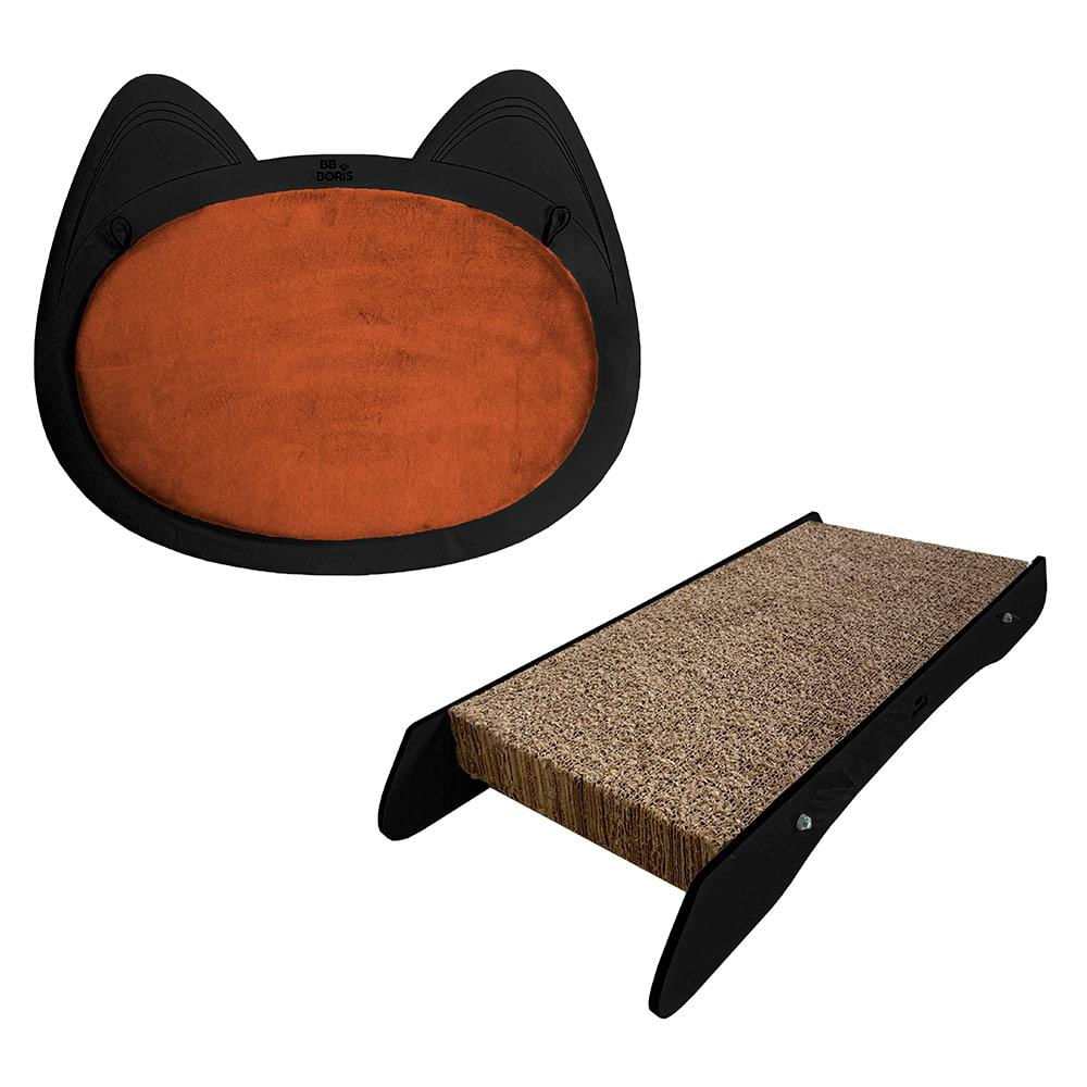 Kit 02 Arranhadores Pet Gato de Parede e Chão Premium MDF Preto Veludo Terracota - Desk Design