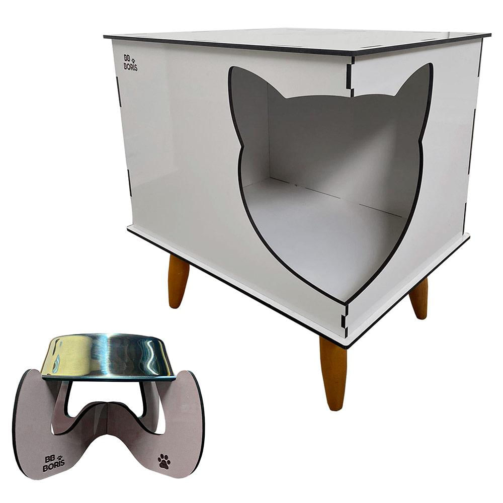 Casinha Cat Line Pet Gato Premium MDF com Comedouro Inox Champagne - Desk Design