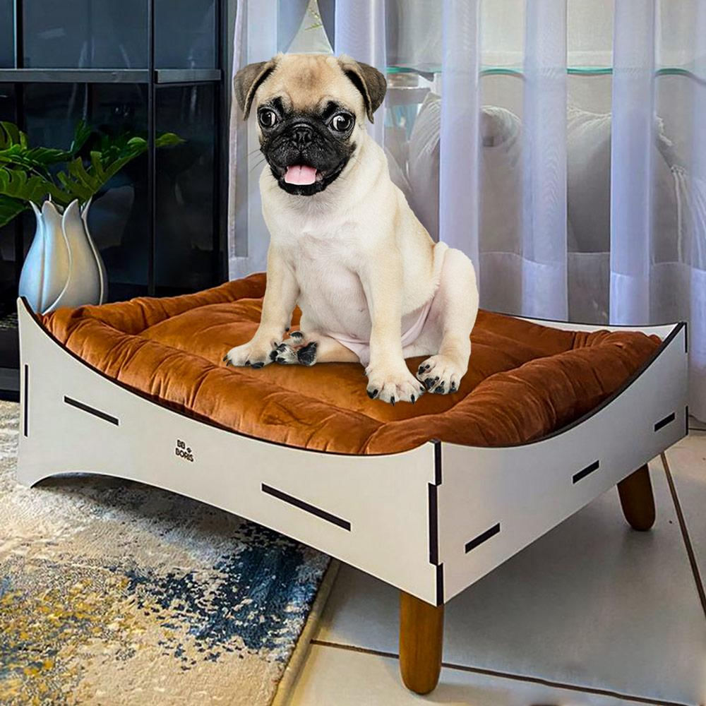 Caminha Pet Cachorro Premium MDF Champagne com Comedouro e Almofada Veludo Terracota - Desk Design