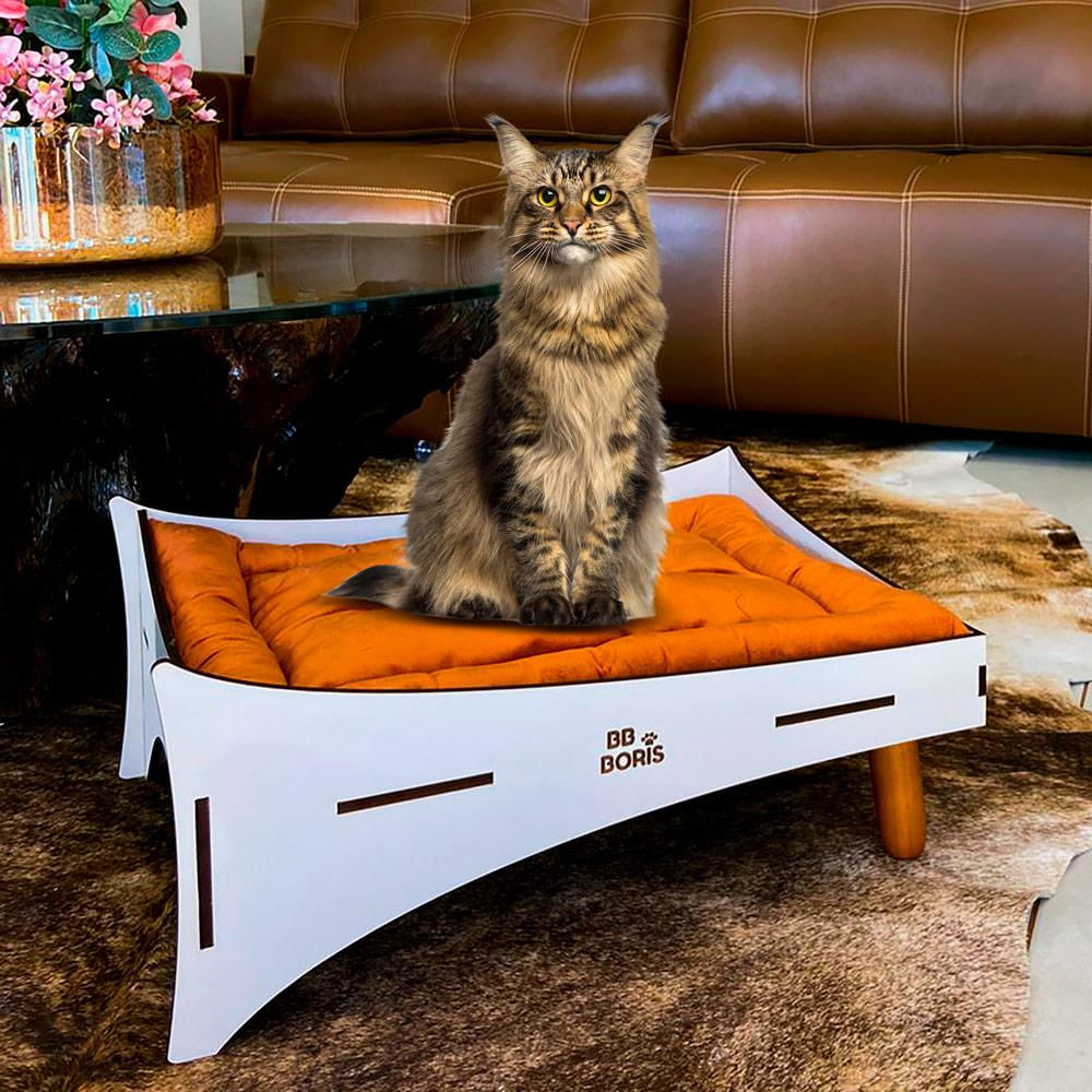 Caminha Cat Line Pet Premium MDF Champagne com Comedouro e Almofada Veludo Terracota - Desk Design