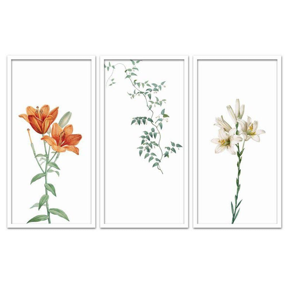 Quadros Decorativos 3 Peças 30x60 Flora Moldura Branca