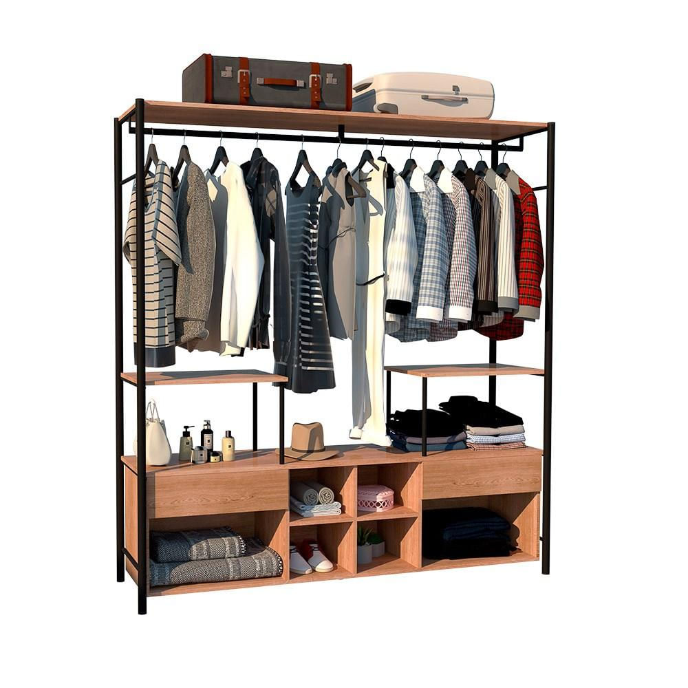 Guarda Roupa Closet Casal Industrial 174cm 2 Gavetas Barcelona Demolição/Preto - Artefamol