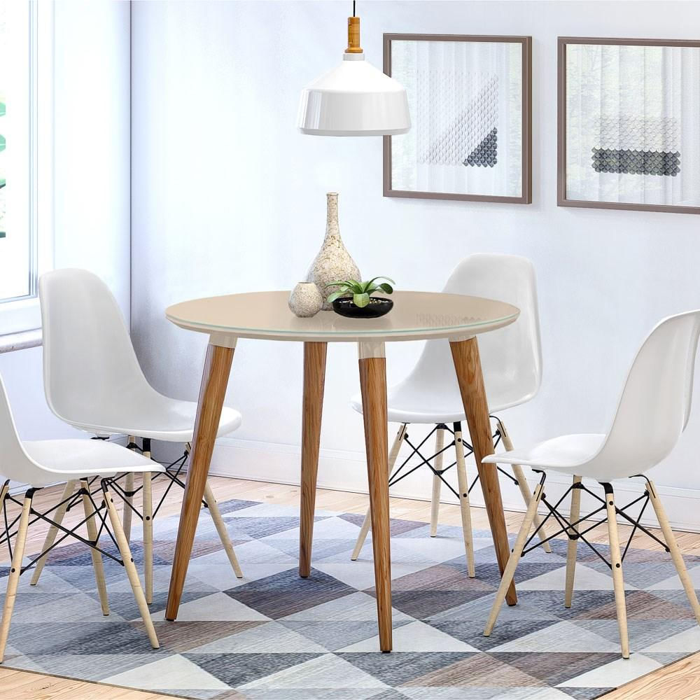 Mesa De Jantar Redonda 90cm 4 Lugares Tampo de Vidro Veneza C14 Off White - Mpozenato