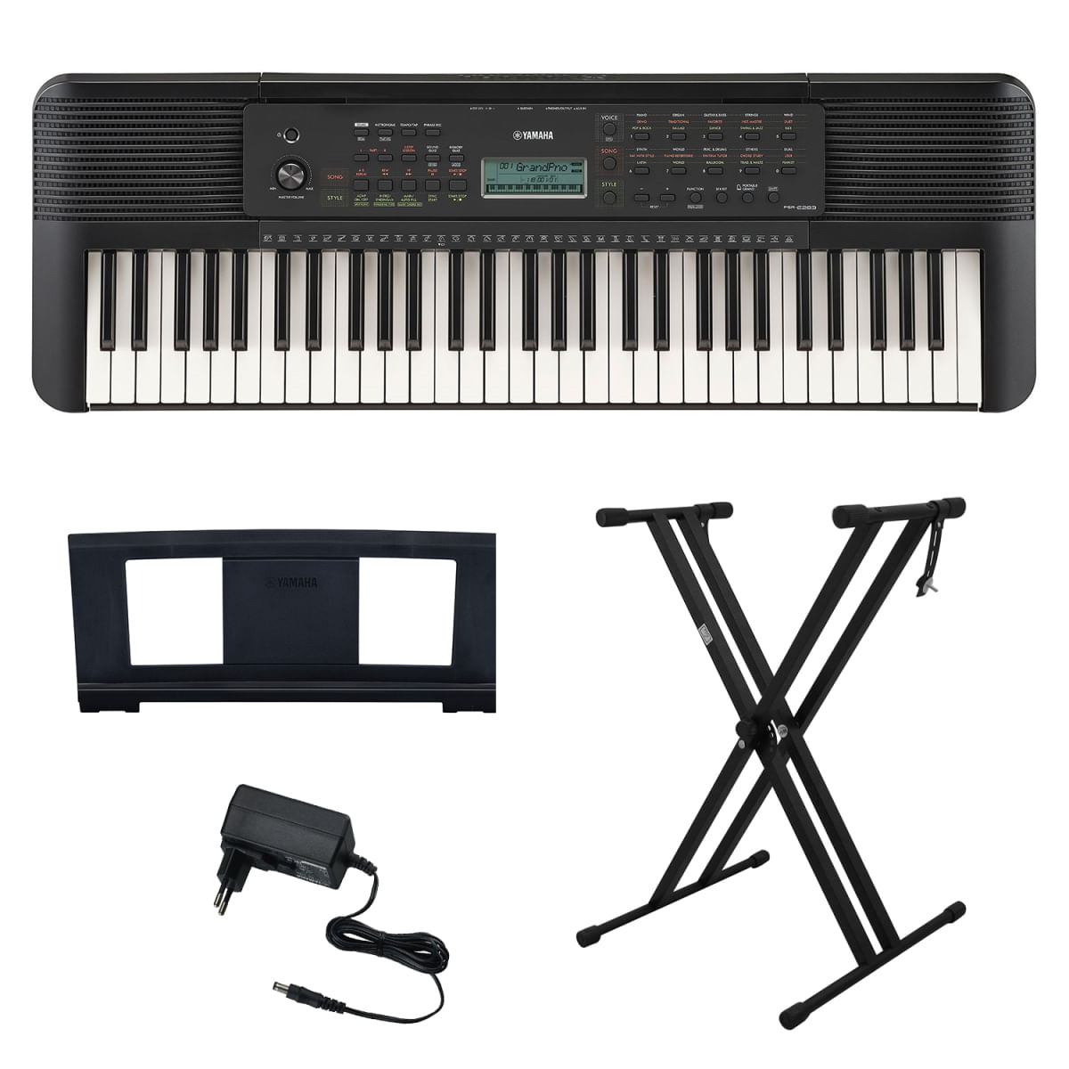 Kit Teclado Arranjador 61 Teclas PSR E283 com Fonte Bivolt Yamaha e Suporte em X