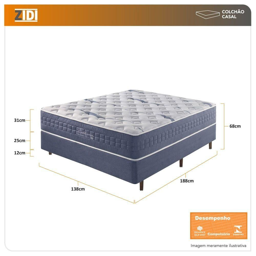 Cama Box Casal + Colchão Mola Ensacada Visco Gel California Linho Azul