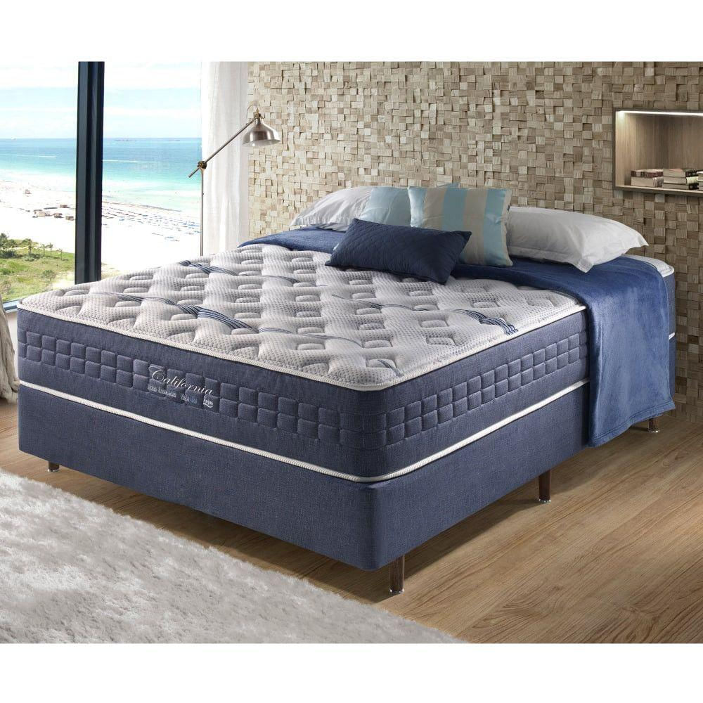 Cama Box Casal + Colchão Mola Ensacada Visco Gel California Linho Azul