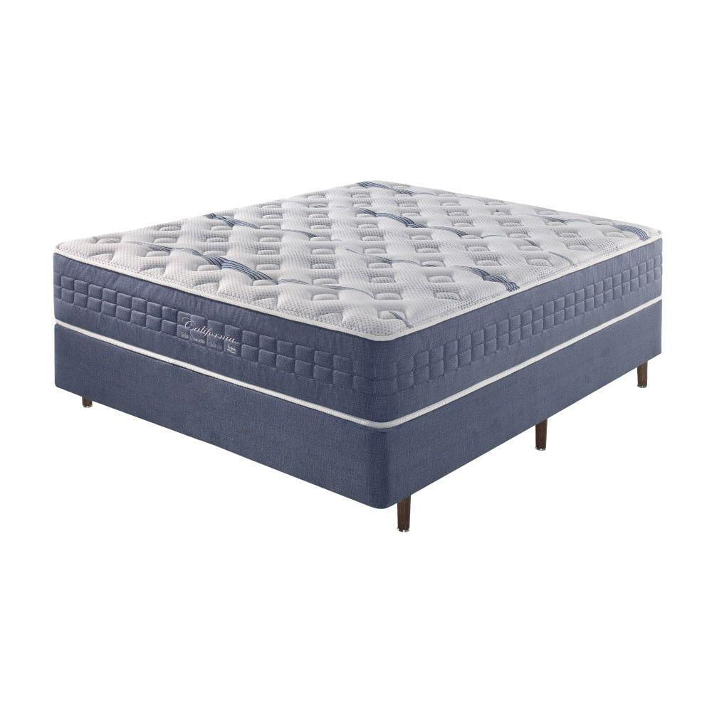 Cama Box Casal + Colchão Mola Ensacada Visco Gel California Linho Azul