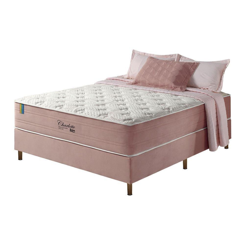 Cama Box Casal + Colchão Mola Ensacada Visco Gel Charlotte Rosa